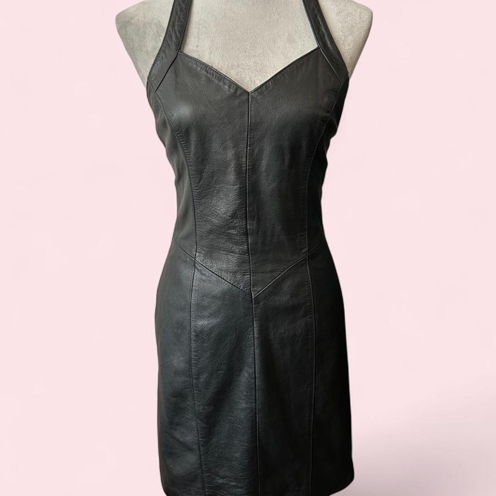 Vintage 90s Wilsons Leather Halter Neck Bodycon Mini Dress Size Medium